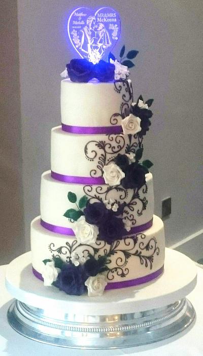 Purple Roses and Piped Scrolls wedding - Cake by SugarMagicCakes (Christine)