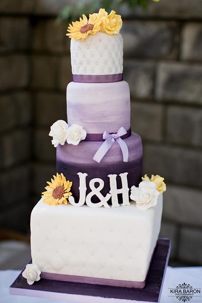 Purple ombré with cheery sunflowers - Cake by Lori Goodwin (Goodwin Girls Cakery)