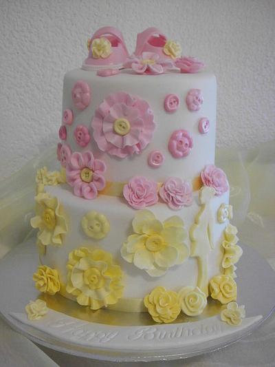 Ruffled Flowers, Baby Shoes and Buttons - Cake by Michelle