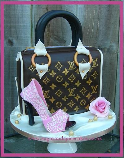 Louis Vuitton inspired Handbag cake with lace covered Sugar Shoe ~ - Cake by Mel_SugarandSpiceCakes