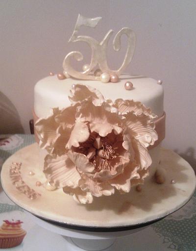 Vintage Cream & Gold Cake with a Large Flower - Cake by MySugarFairyCakes