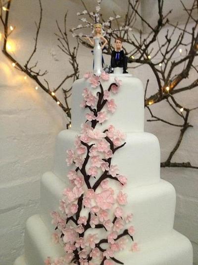 Cherry  blossom pettals with cherry tree on top, five tier, square fruit  - Cake by A House of Cake