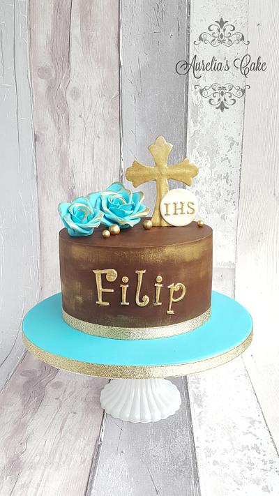 First Communion cake in blue and gold - Cake by Aurelia's Cake