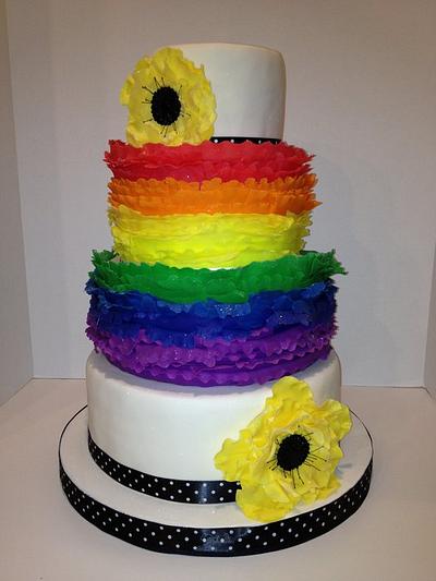 Rainbow frilled wedding cake with fantasy poppies - Cake by Saskia Beaton