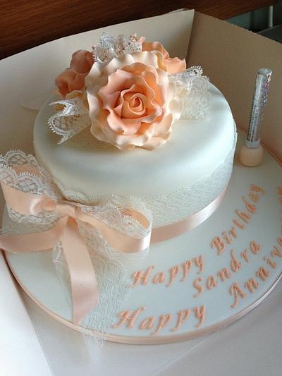 Peach lace and roses - Cake by Donnajanecakes 
