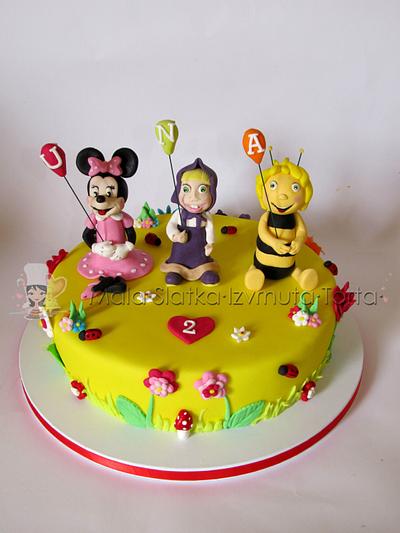 Minnie Mouse, Masha and Maya the Bee cake - Cake by tweetylina