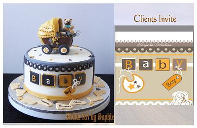 Invite inspired baby Shower Cake ;) With a cutie bear on a stroller. - Cake by sophia haniff