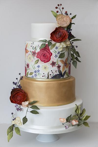 Handpainted bright autumnal flowers with gold  - Cake by Happyhills Cakes