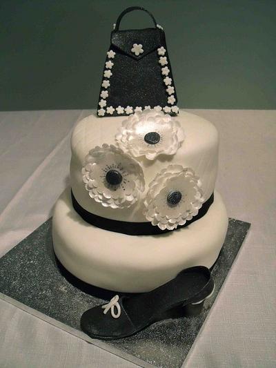 1920's two tier shoe, handbag and flowers, black and white - Cake by Rachel