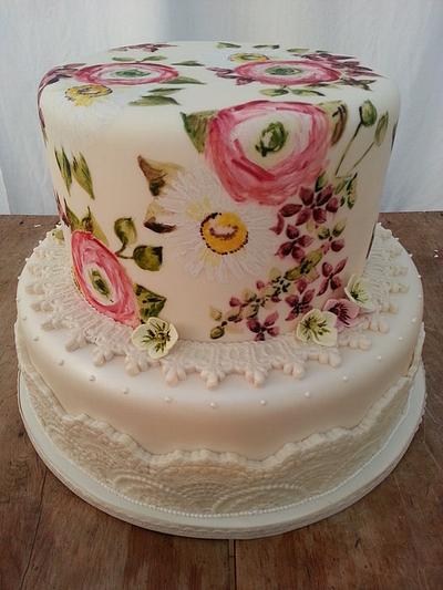 Hand painted Ranunculus, Hydrangeas and Gerbera Wedding cake - Cake by Môn Cottage Cupcakes