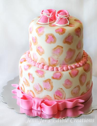 Leopard Print Baby Shower Cake with Edible Baby Shoes - Cake by Jennifer's Edible Creations