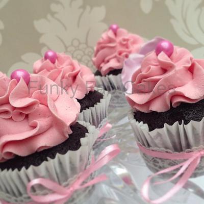 Chocolate Raspberry cupcakes with lace and bows - Cake by funkyfabcakes