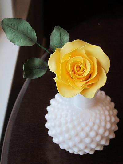 Yellow sugar rose and leaves in milk glass - Cake by Kate