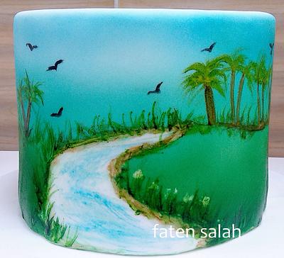 airbrush + free_hand painting valley scene - Cake by Faten_salah