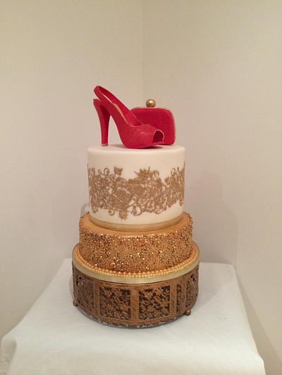 Red crocodile effect shoe and bag with golden lace and sequin cakes - Cake by Alison m