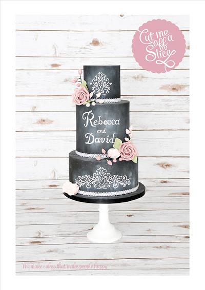 Pretty Chalkboard Wedding Cake with Pink Roses - Cake by cutmeoffaslice