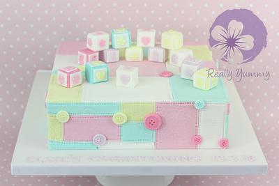 Christening cake, with patchwork and baby blocks - Cake by Really Yummy