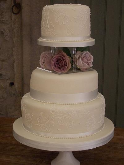 Brush Embroidered Lace Wedding Cake - Cake by Lynne Sambrook