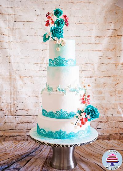 Turquoise Lace Wedding Cake  - Cake by Veenas Art of Cakes 