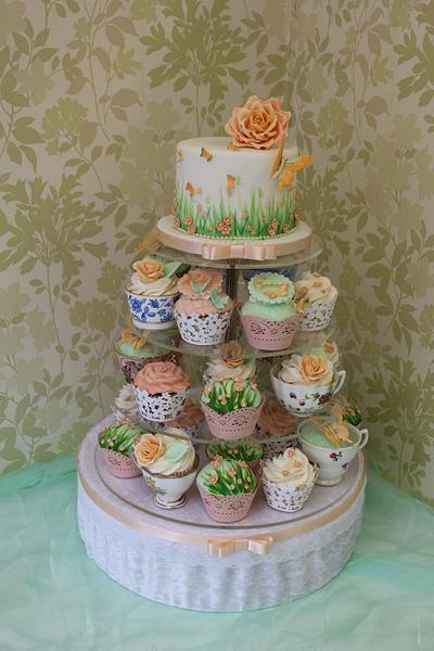 Vintage Spring meadow wedding cake and cupcakes - Cake by Cakes o'Licious