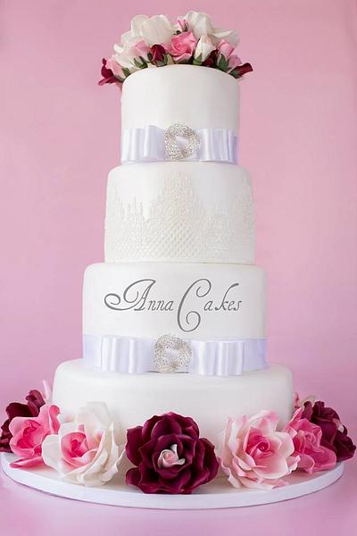 Wedding cake with pink and white roses - Cake by AnnaCakes