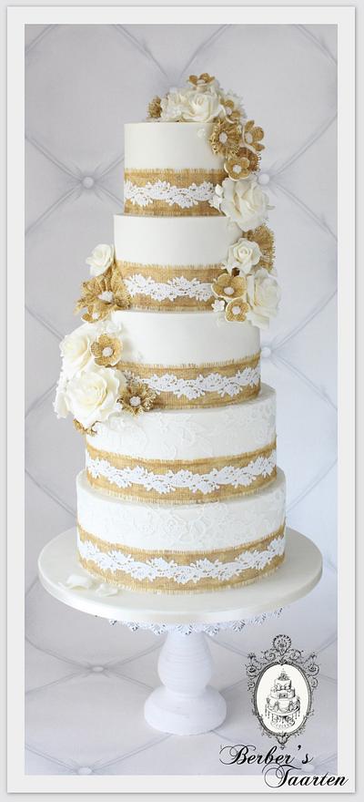 Burlap and Lace wedding cake - Cake by Berber's Cakes & Moulds