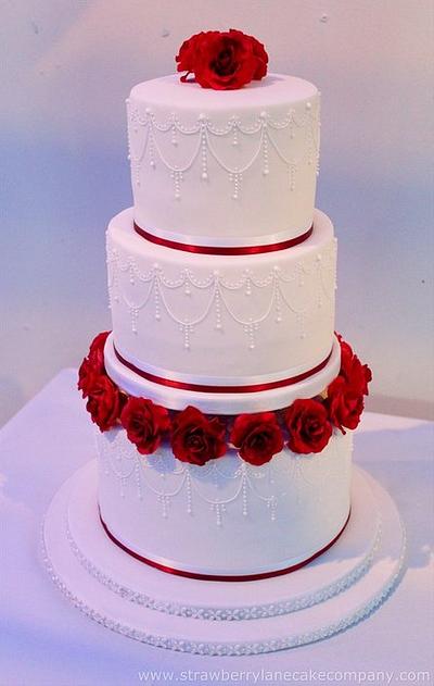 Burgundy rose, piped detail, 3 tier Wedding Cake - Cake by Strawberry Lane Cake Company