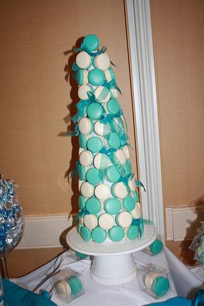 Teal and white macaron tower - Cake by Jennifer