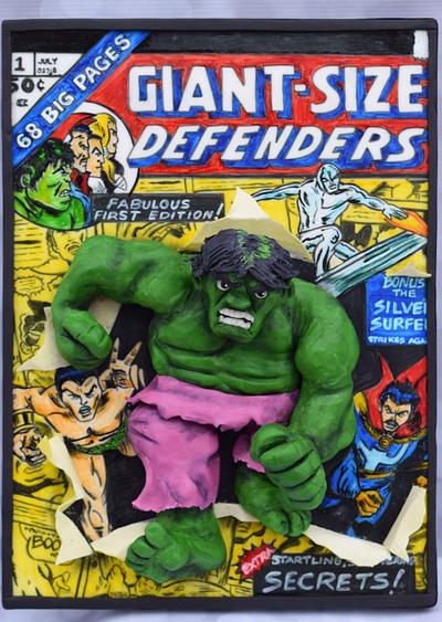 2D comic book with 3D Hulk Busting out! - Cake by Jean A. Schapowal