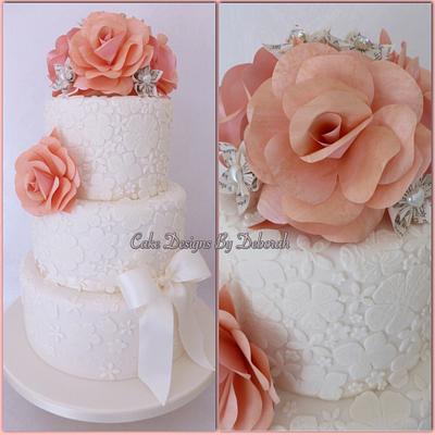Lace Wedding Cake with Paper Flowers - Cake by Deborah