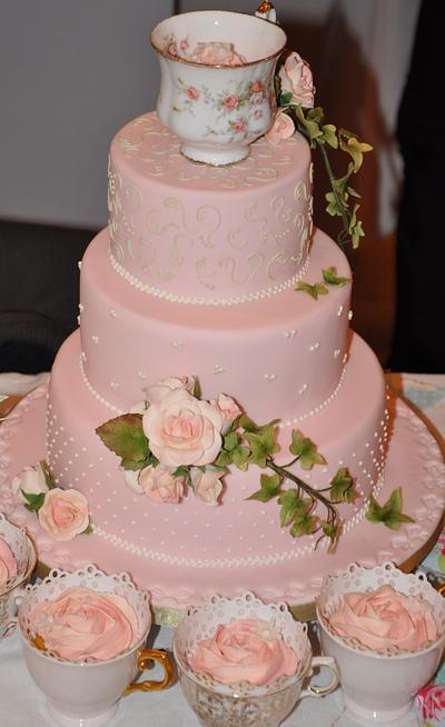 Pretty in Pink Wedding Cake with Cupcakes - Cake by Rachel Leah