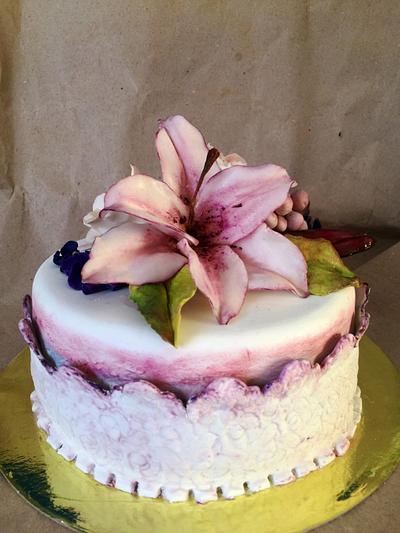 Purple cake with lily and roses. - Cake by DinaDiana