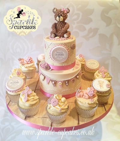Vintage Cub Teddy Bear Christening Cake with matching cupcakes - Cake by Sparkle Cupcakes