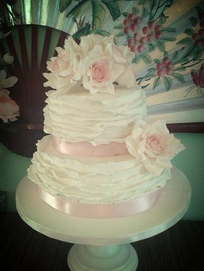 ivory frills and roses wedding cake with a hint of pink - Cake by kimberly Mason-craig