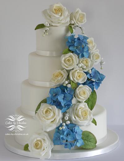 Hydrangeas and Roses Wedding cake - Cake by Cakes by Christine