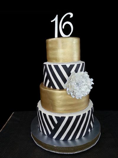 Gold Tiers with Black Bold Stripes - Cake by Custom Cakes by Ann Marie