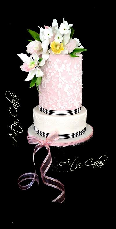 Lace on dusky pink cake  - Cake by Shree