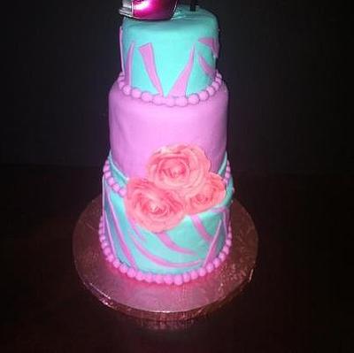 Teal Cake with Pink Zebra Pattern - Cake by Teresa
