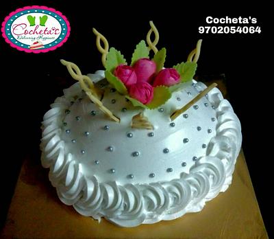 Whipped cream cake with water paper flowers - Cake by Deepti