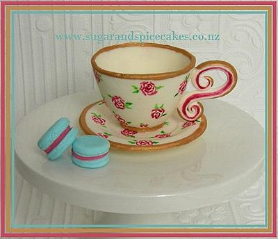 Antique Sugar Tea Cup & Saucer with fondant Macaron ~ - Cake by Mel_SugarandSpiceCakes
