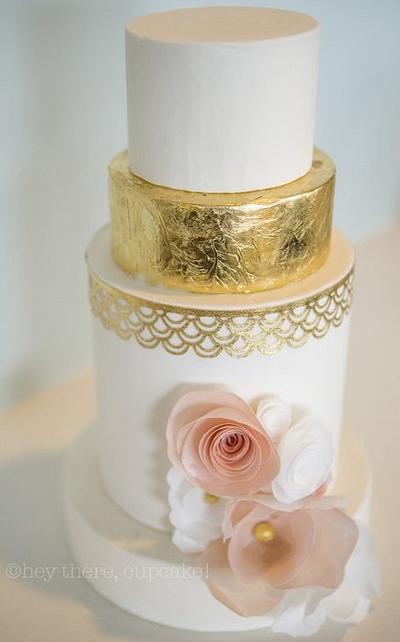 Signature wafer paper flowers with classic gold leaf  - Cake by Stevi Auble