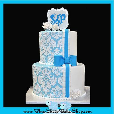 Blue and WHite Damask Engagement Cake - Cake by Karin Giamella