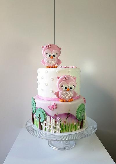 Owls with 2 flowers for 2 candles on top - Cake by Frufi