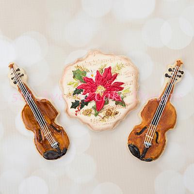 Antique Violins and Poinsettia Musical Note Sheet Cookies - Cake by Bobbie