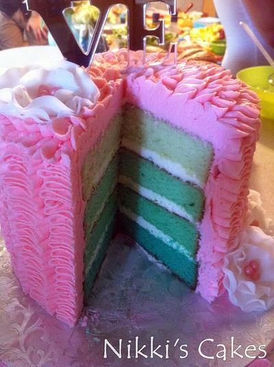 Pink Ruffle and Blue/Green Ombre Cake - Cake by Nikki Belleperche