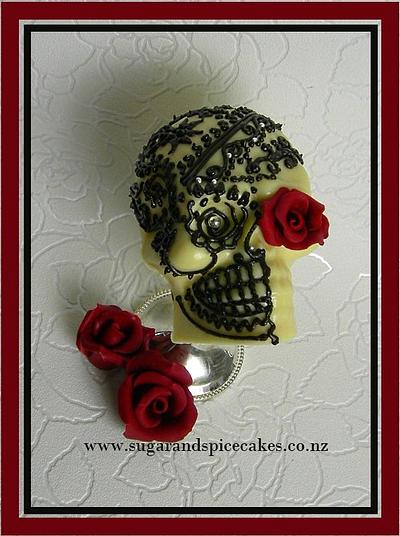 Tattooed Skull Cake topper - white chocolate with dark chocolate Henna tattoo - Cake by Mel_SugarandSpiceCakes