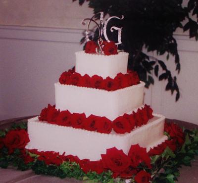 Square red rose wedding cake Buttercream - Cake by Nancys Fancys Cakes & Catering (Nancy Goolsby)