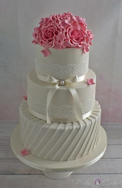 Ivory Wedding Cake with Pink Roses - Cake by Mirka Cakes 