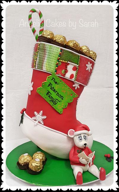 3d Christmas Stocking cake with Caroling mouse - Cake by Angelic Cakes By Sarah