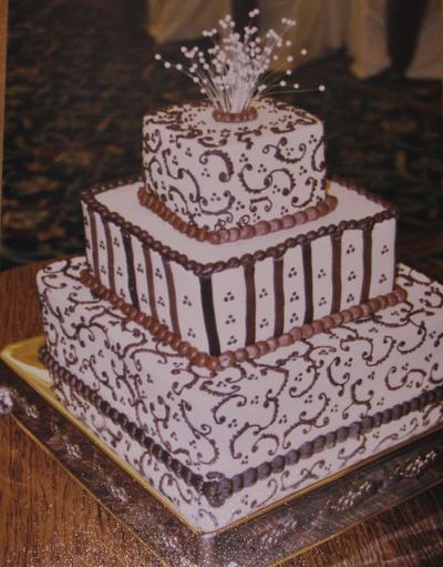 Brown buttercream scrollwork wedding cake - Cake by Nancys Fancys Cakes & Catering (Nancy Goolsby)